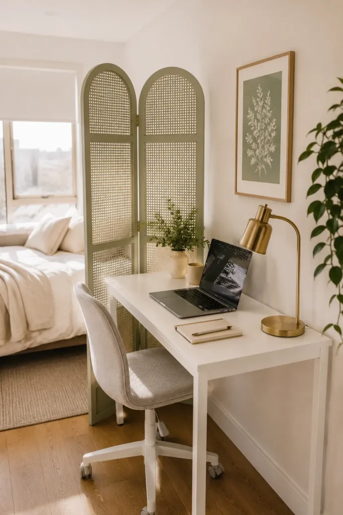Cozy bedroom office nook with compact desk and productivity setup