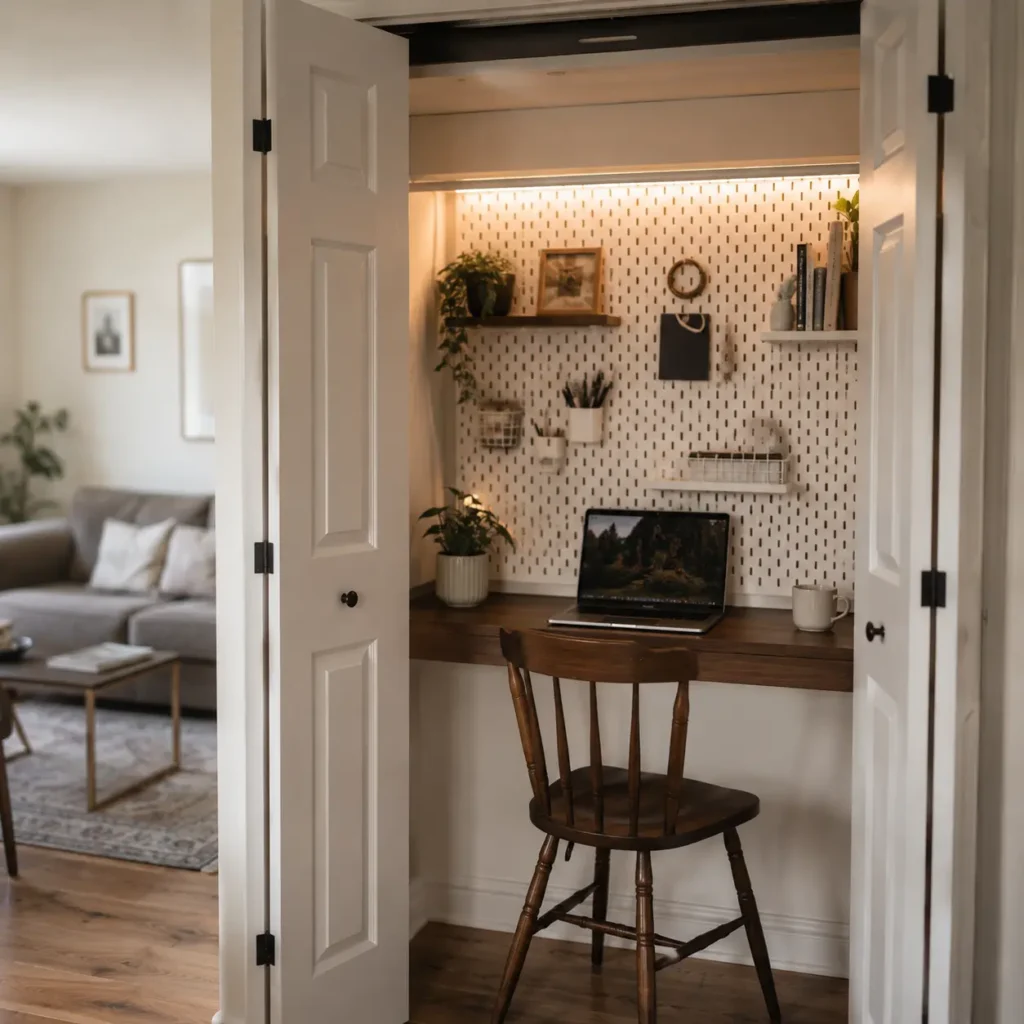 Closet office cloffice transformation with built-in desk and shelves