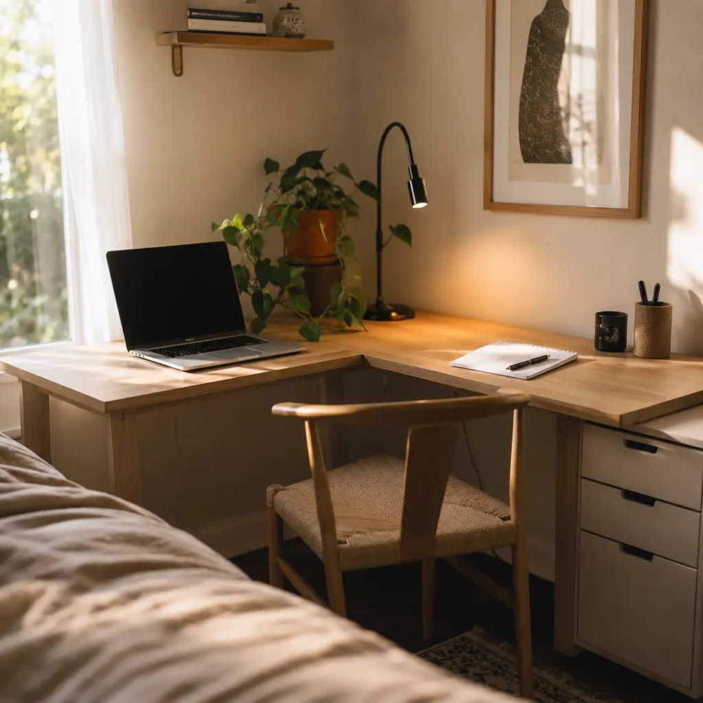 Corner desk workspace setup for maximizing small office space at home