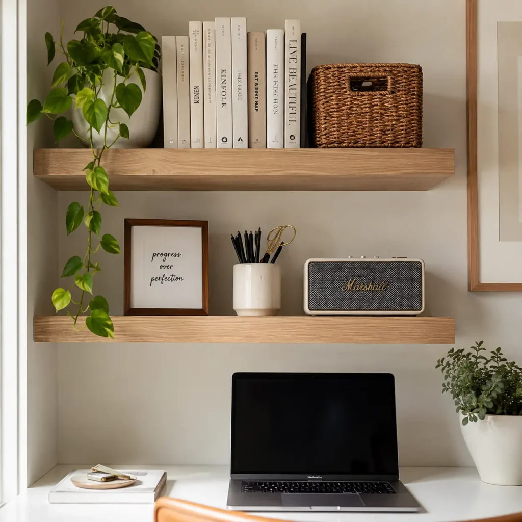 Floating shelves above desk for small office storage and organization
