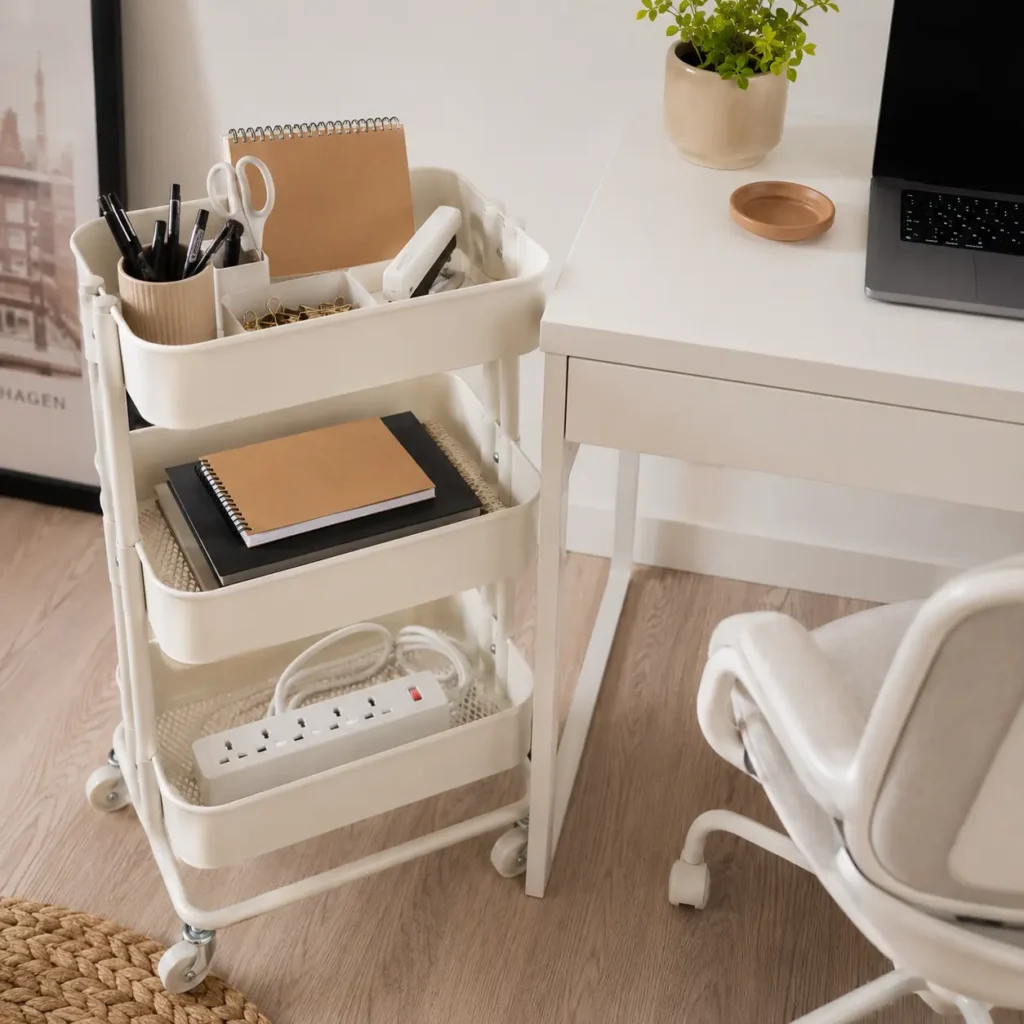 Mobile drawers and rolling carts for home office storage organization