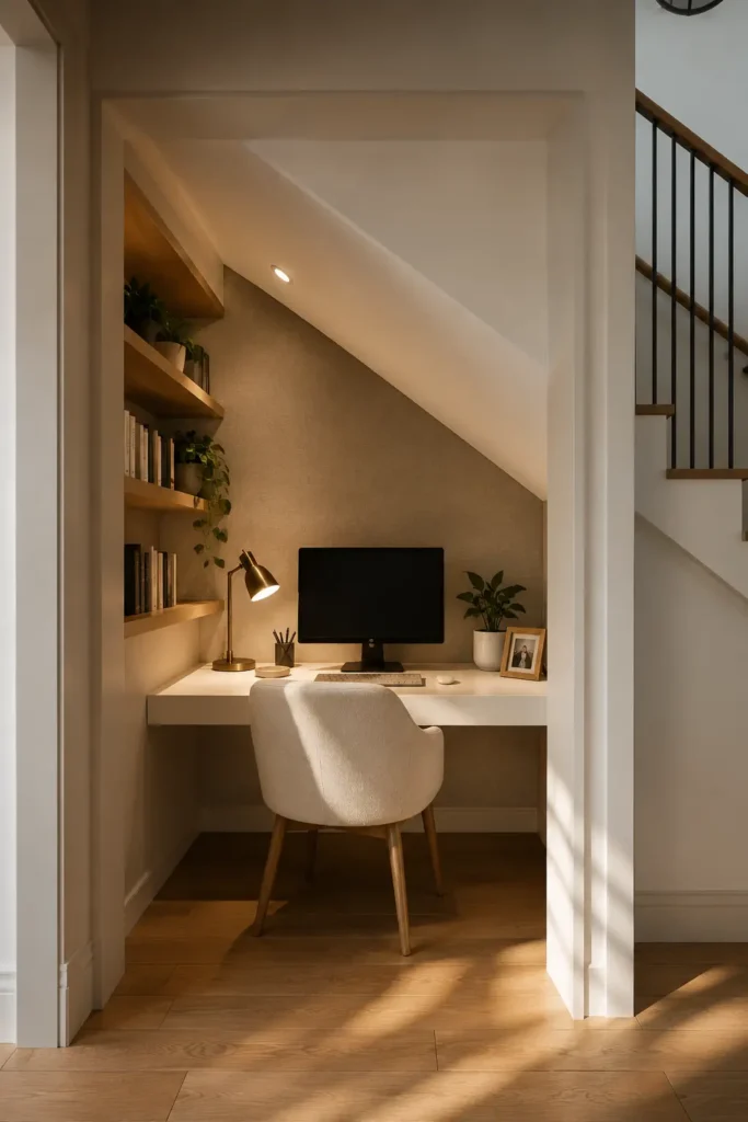 Under-stair office space with compact desk and smart storage solutions