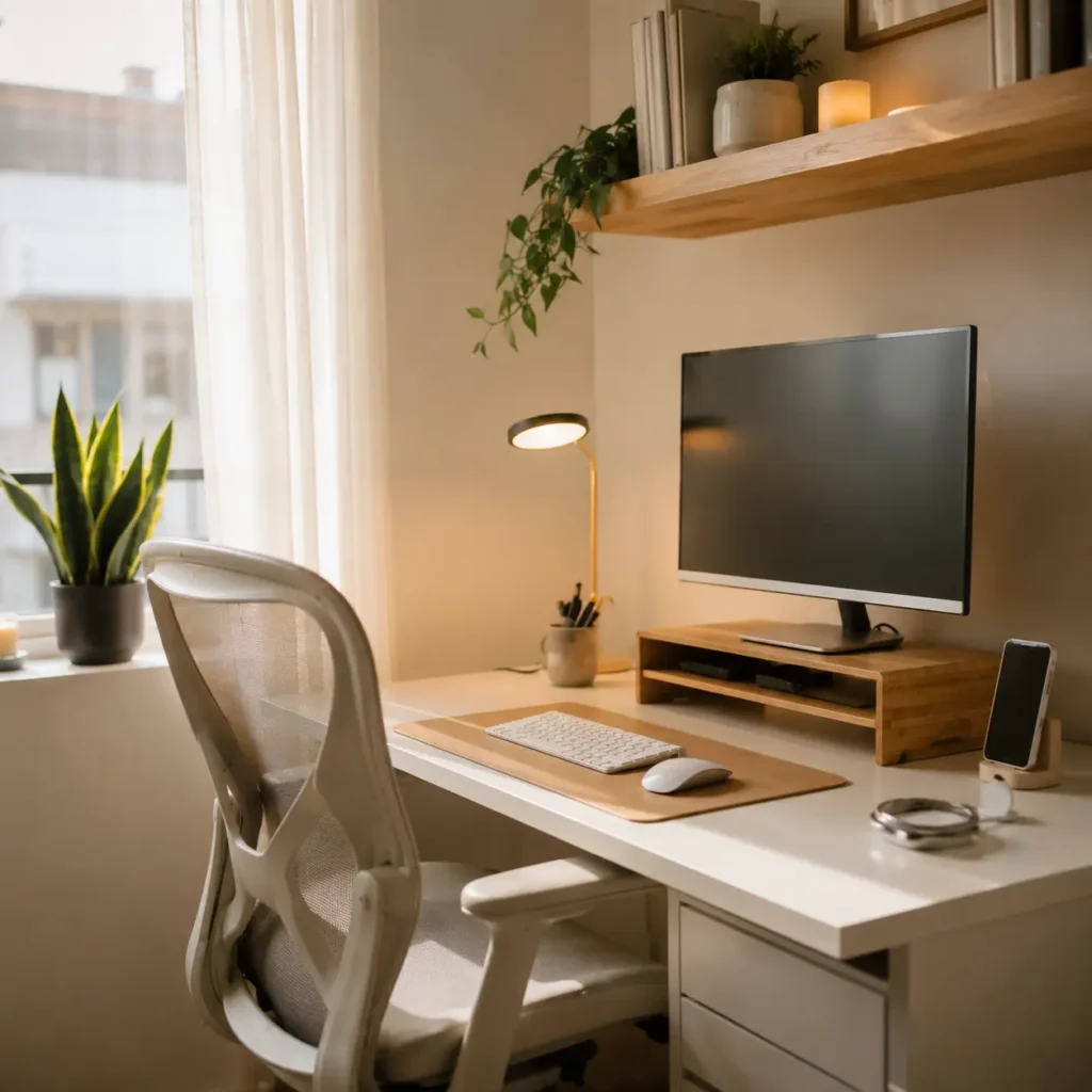 Functional small home office with ergonomic desk setup and organized workspace